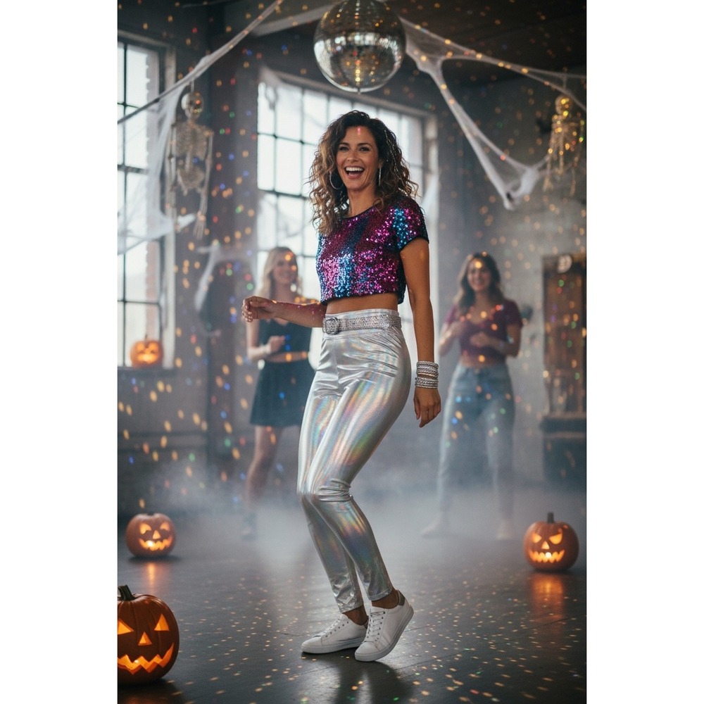 NEW Holographic Small‎ Silver Costume Leggings Shiny Metallic Stretch Pants